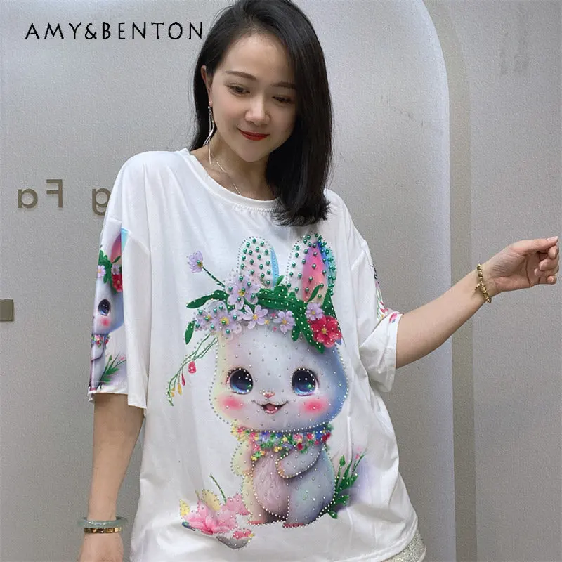 Round Neck Pullover Short Sleeve Loose T-shirts Women's Oversize Women's Clothes Printed Tops Rhinestone Tees Bottoming Tshirt
Round Neck Pullover Short Sleeve Loose T-shirts Women's Oversize Women's Clothes Printed Tops Rhinestone Tees Bottoming Tshirt