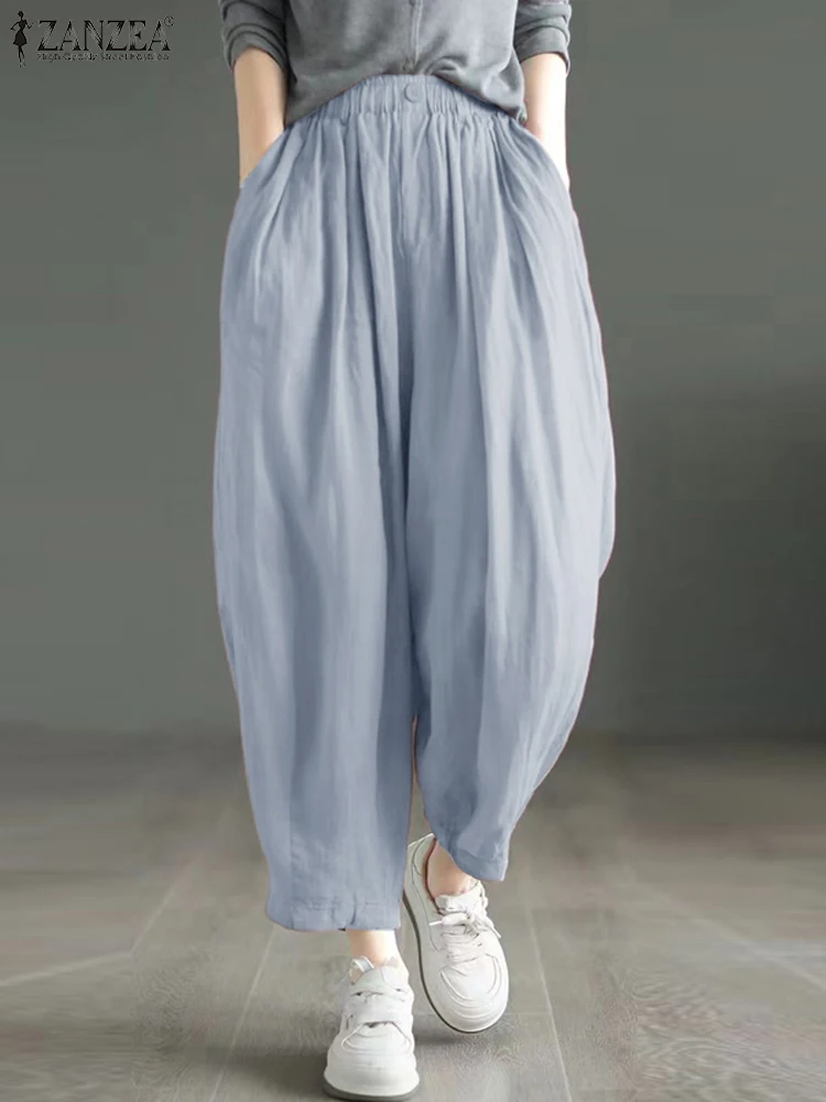

Шаровары ZANZEA 2024, весенние женские Простые штаны с карманами, модные однотонные длинные брюки в Корейском стиле, повседневные универсальные брюки