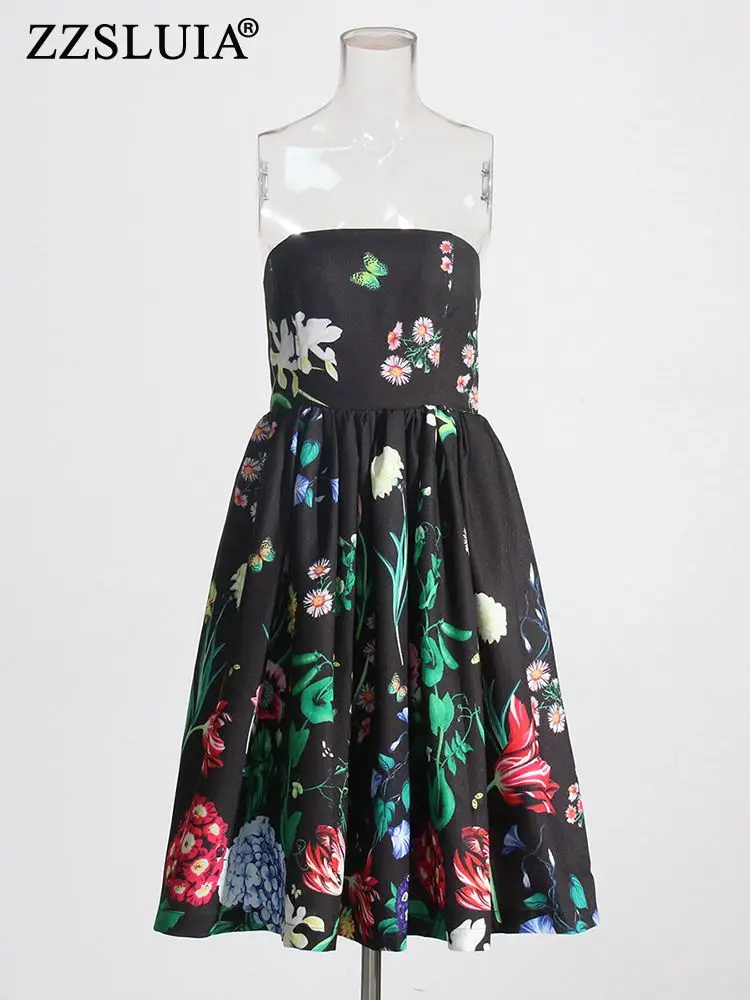 

ZZSLUIA элегантные платья для женщин с цветочным принтом дизайнерское тонкое платье без бретелек Модные французские винтажные летние платья для женщин
