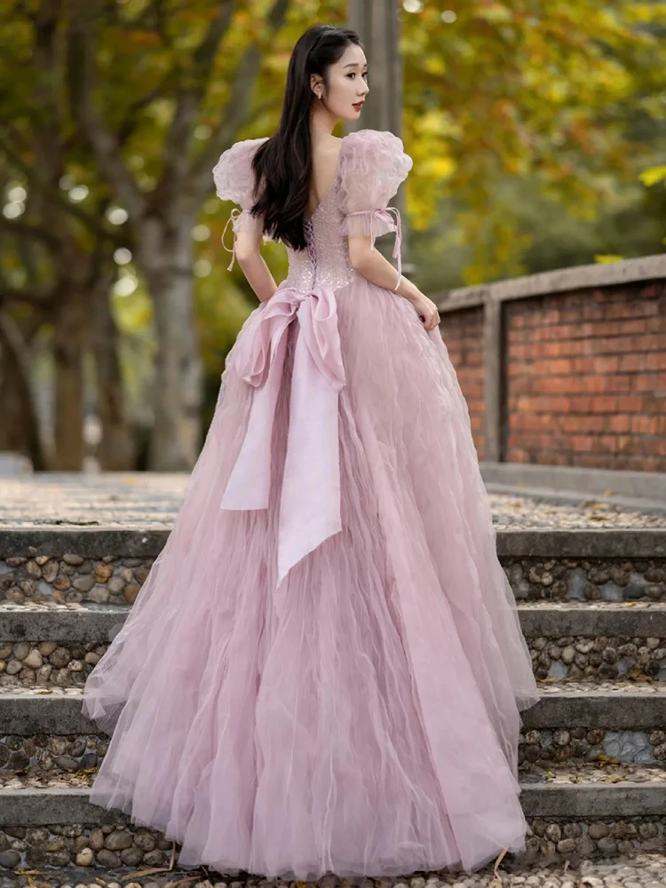 

Pink Evening Dress Female Bow Niche Adult Ceremony Bridesmaid Toast Engagement