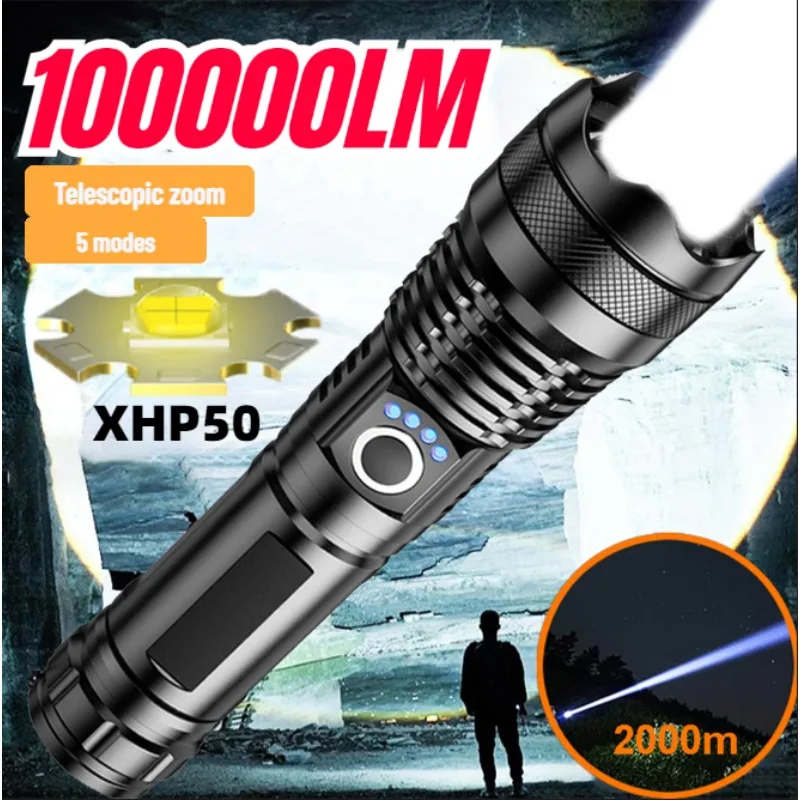 

Outdoor XHP50 LED Flashlight 18650 Battery Telescopic Zoom Pilot Lamp Type-C Rechargeable High Power Aluminum Alloy Torch