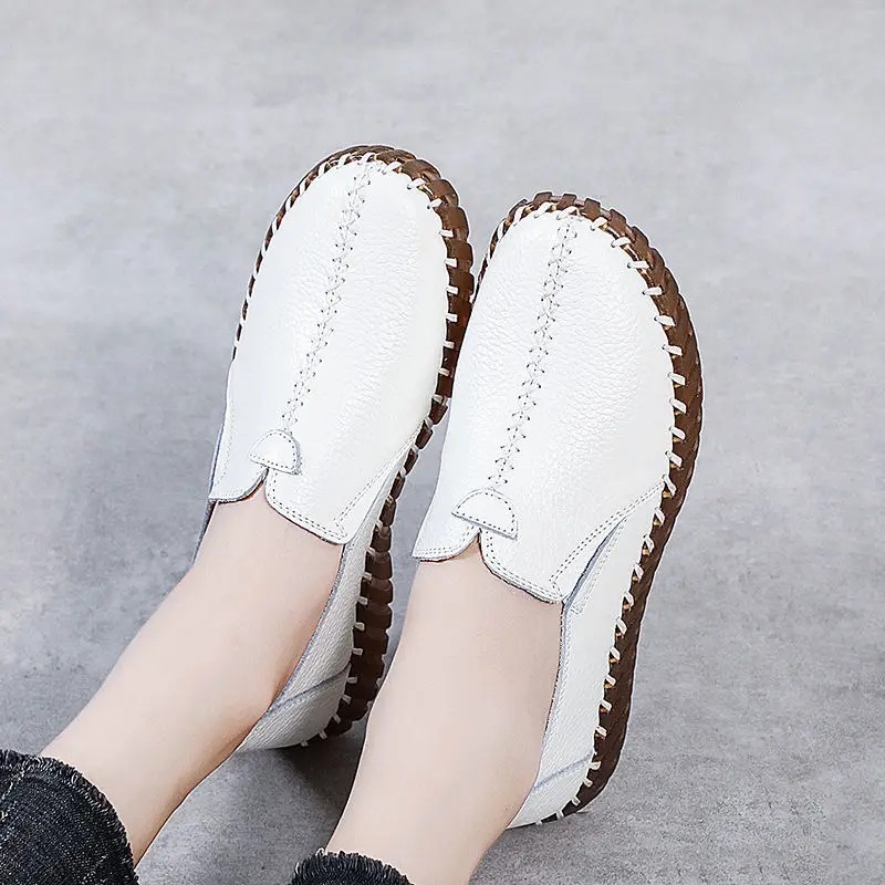 

Women Genuine Leather Ballet Flats Moccasins Women's Breathable Flat Loafers Woman Wide Feet ShoesWhite Autumn Summer Shoes For