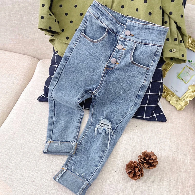 

Spring Autumn Children Girls jeans Baby Trousers Kids Denim Pants Fashion High Waist Skinny Button Ripped 1-7Y