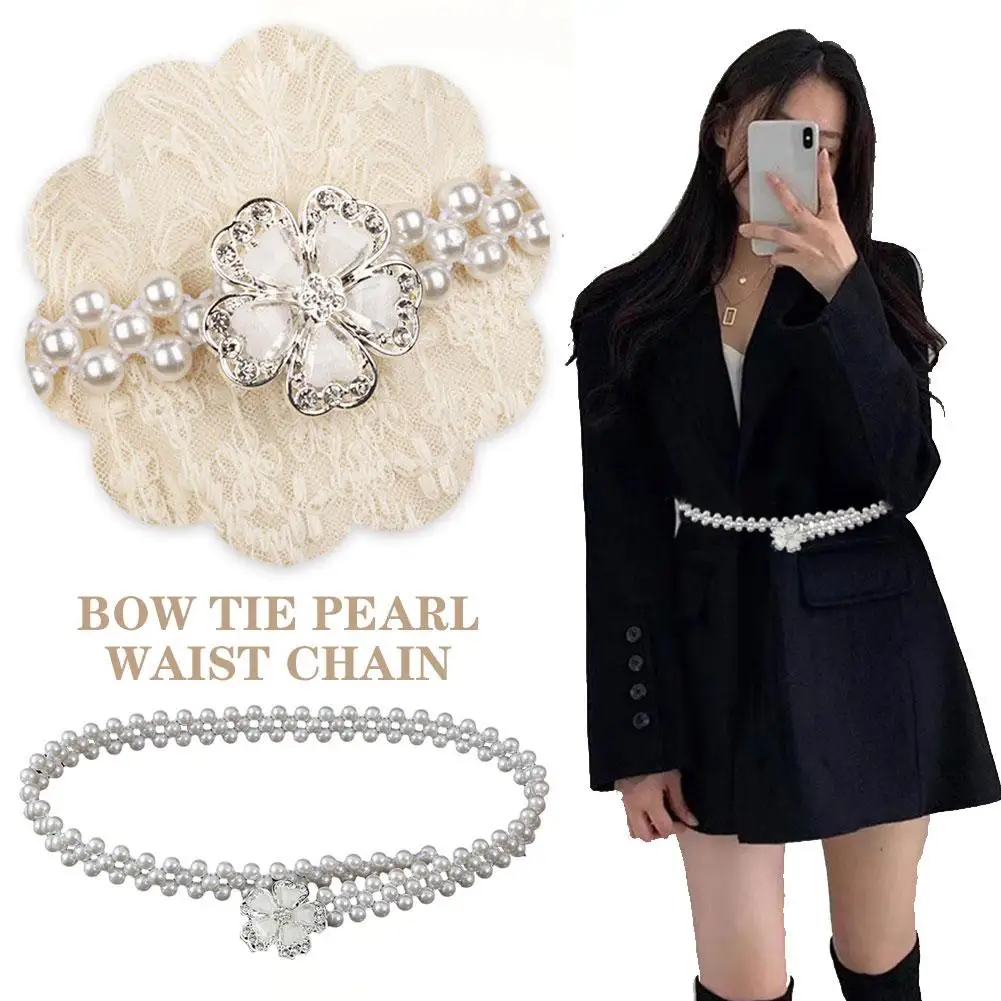 

Bow Tie Pearl Waist Chain Ladies With Large Pearls And Decoration Elastic Waist With Skirt Waistband Slim Diamonds Matching X6H5