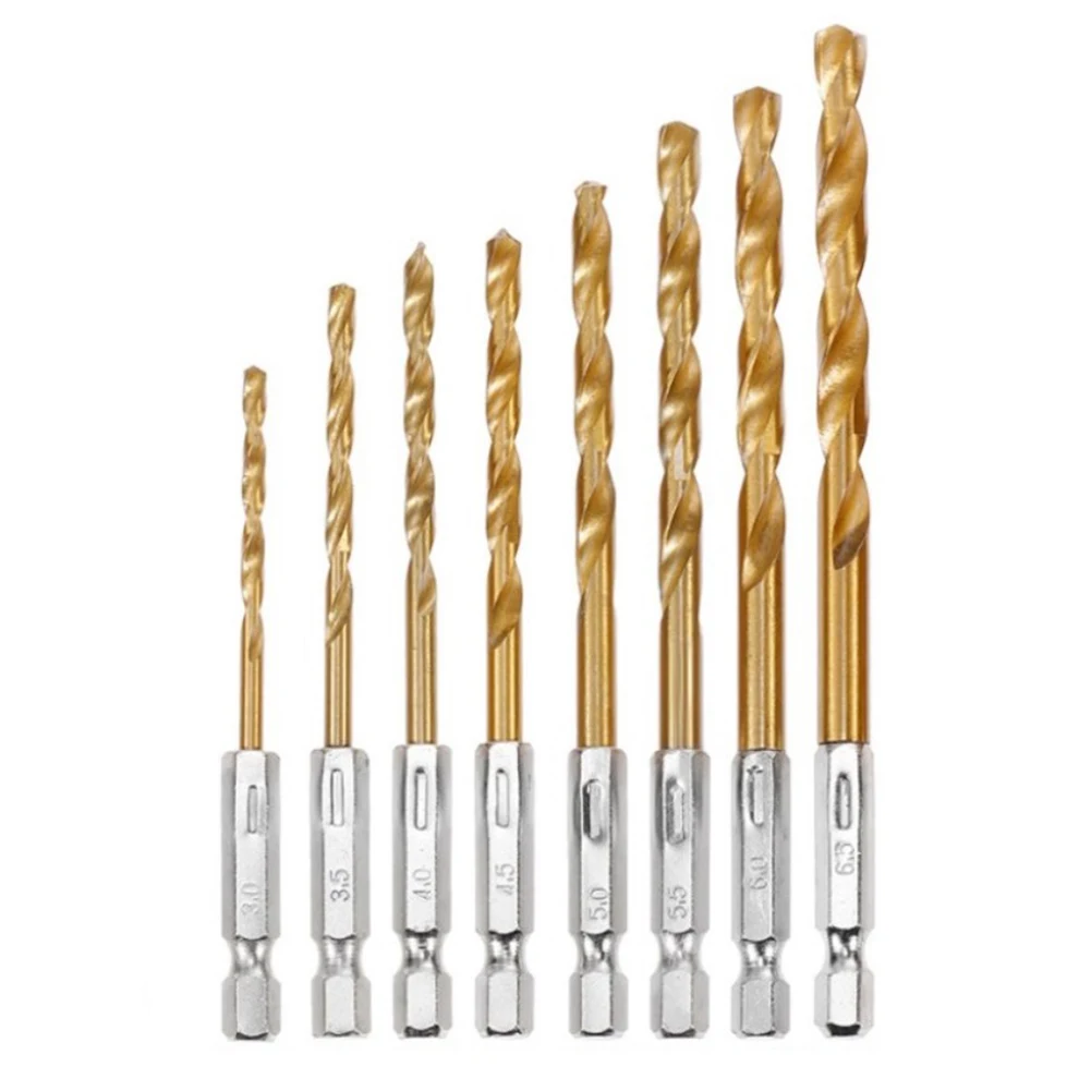 8Pcs 3-6.5mm Titanium Coated Straight Shank Drill Bit HSS Drill Bit Hex Shank For Wood Metal Marble Drilling Hole Cutter
8Pcs 3-6.5mm Titanium Coated Straight Shank Drill Bit HSS Drill Bit Hex Shank For Wood Metal Marble Drilling Hole Cutter