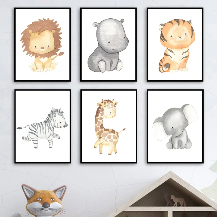 

Мультяшный жираф слон лев Зебра Тигр настенная Картина на холсте постеры и принты для детской комнаты Настенные картины декор для детской комнаты