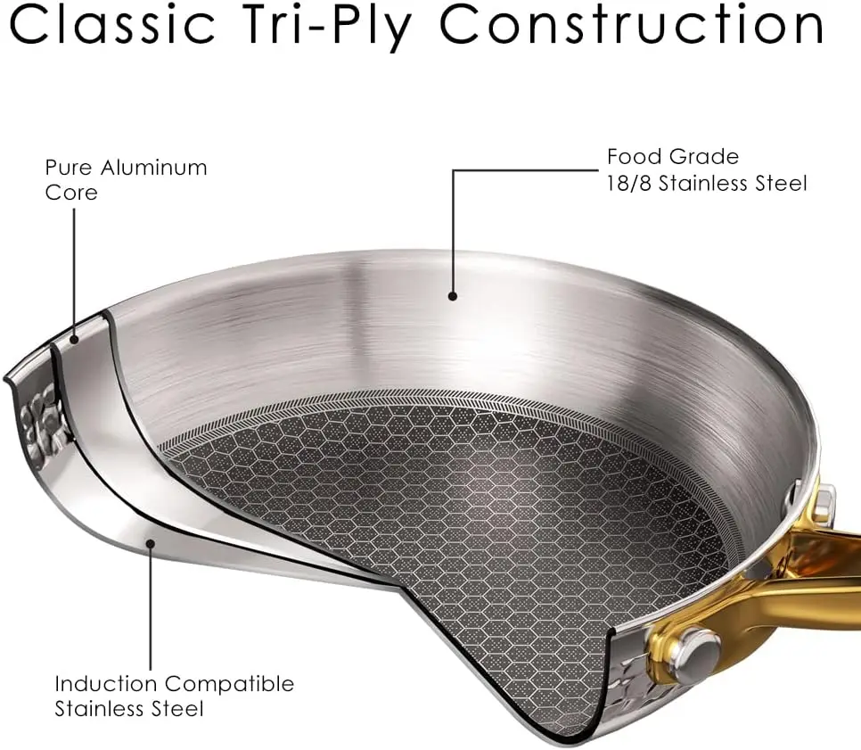 Pots and Pans Set, Tri-Ply Stainless Steel Hammered Kitchen Cookware, Induction Compatible, Dishwasher and Oven Safe
Pots and Pans Set, Tri-Ply Stainless Steel Hammered Kitchen Cookware, Induction Compatible, Dishwasher and Oven Safe