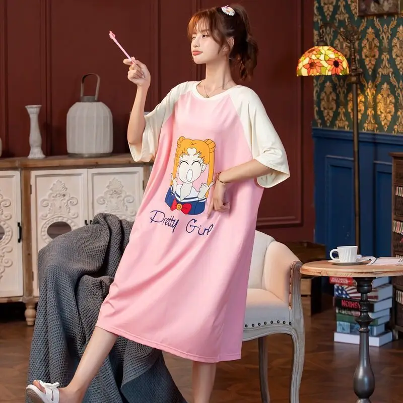 

Summer Nightgown For Women Loose Nightdress 2022 Kawaii Sailor Girls Print Sleepdress Anime Pijama Dress 5XL Nightwear