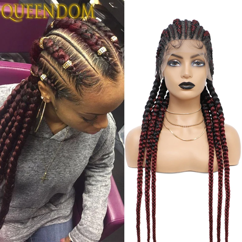 

Ombre Burgundy Full Lace Braided Wig Knotless Box Braid Synthetic Lace Wig with Baby Hairs 36 Inch Long Natural Lace Braids Wigs