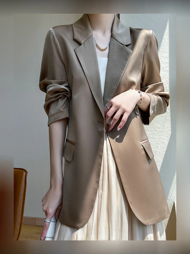 

Fashionable Spring Summer Acetate Satin Suit for Women's Outwear with High Grade Loose Coat Top Fashionable Commuter Small Suit