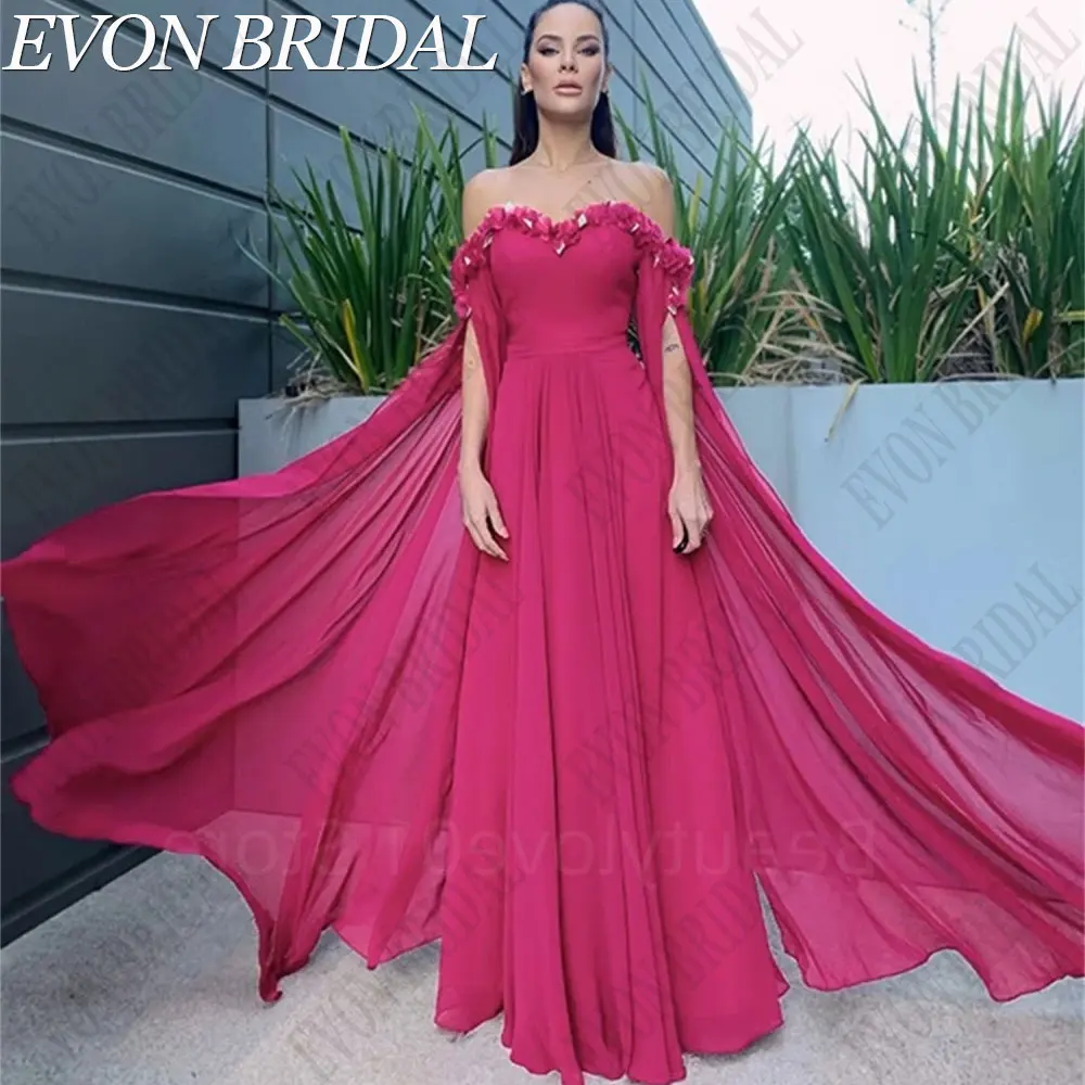 

EVON BRIDAL Hot Pink Chiffon A-Line Prom Gowns Appliques sweetheart Neck Evening Party Dresses Backless vestidos de fiesta 2024