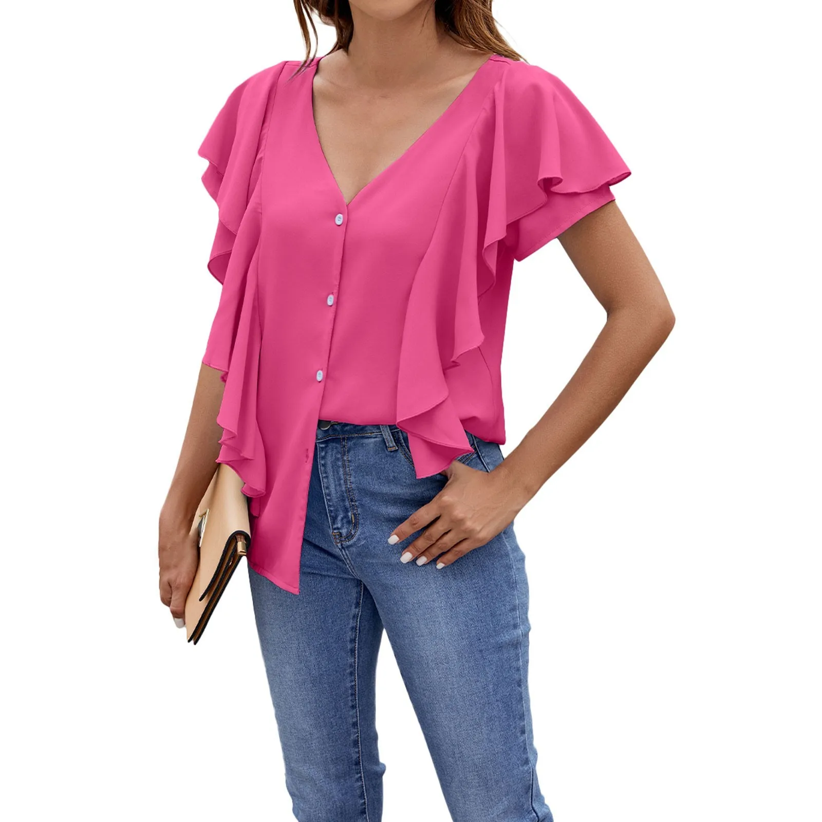 

Women's Fashion Summer Flying Edge Ruffle Sleeve V-neck Shirt Single Breasted Top más tamaño tops Топы больших размеров koszulki