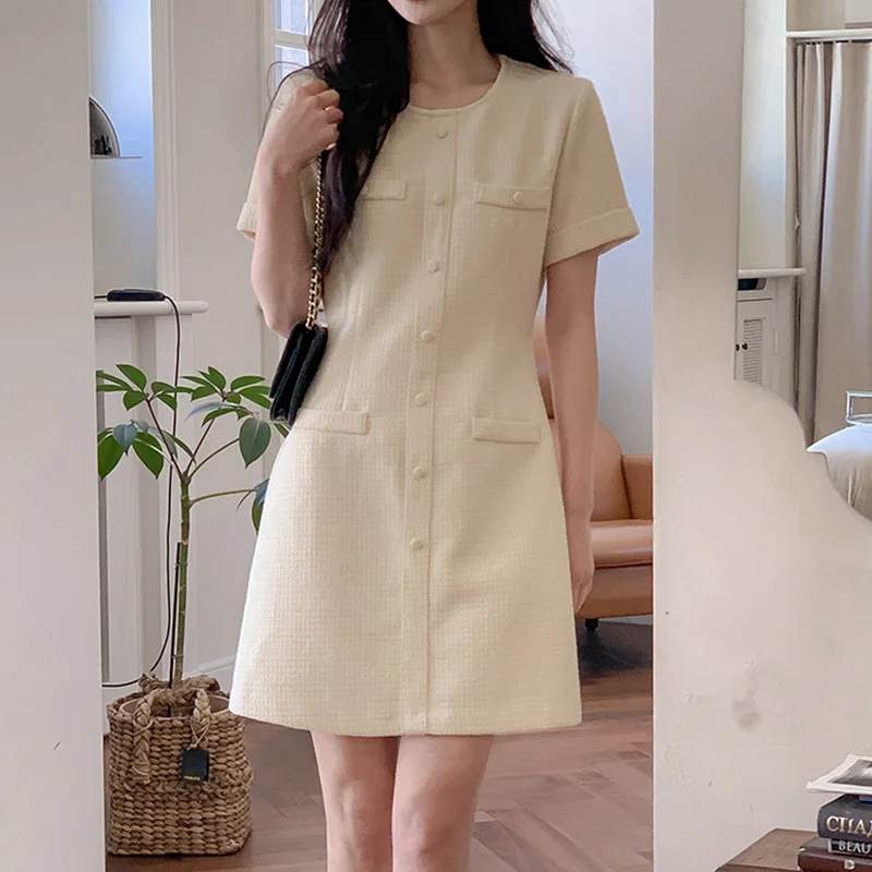Women Small Fragrance Tweed Short Sleeve Dress Summer Elegant Korean Chic Casual Office Apricot French Lady Short Dress
Women Small Fragrance Tweed Short Sleeve Dress Summer Elegant Korean Chic Casual Office Apricot French Lady Short Dress