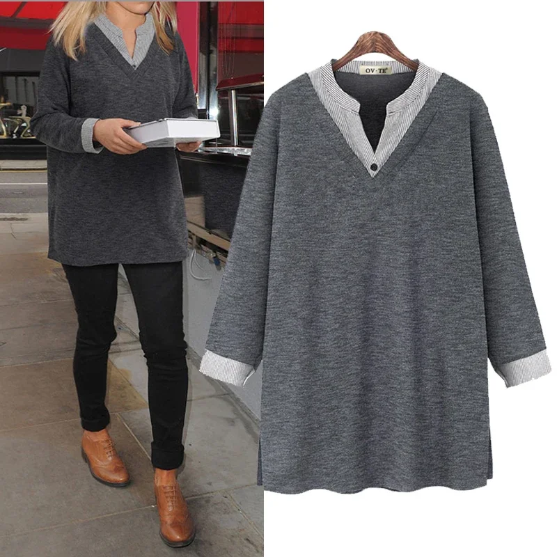 Patchwork Top Women Long Sleeved Shirt Stripe Wear V-neck Autumn Winter Top Pleasure Clothing Fashion Fake Two Pieces Shirts 
Patchwork Top Women Long Sleeved Shirt Stripe Wear V-neck Autumn Winter Top Pleasure Clothing Fashion Fake Two Pieces Shirts