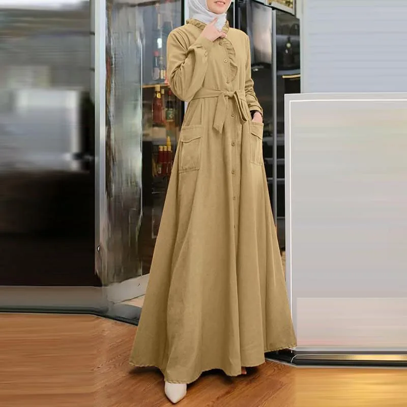 

Women's Muslim Style Arabic Robe Elegant Long Sleeved Solid Lace Standing Collar Female Clothing Fashionable Lace-up Waist Dress