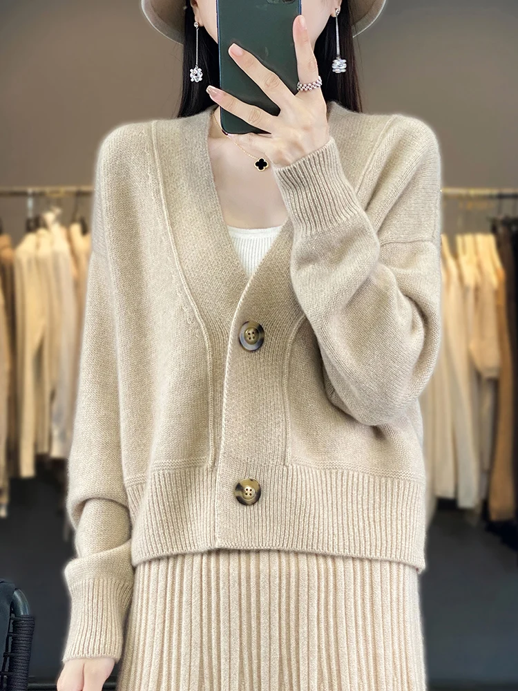 

Merino Wool 100% Women's Cardigans Long Sleeve Tops V-Neck Warm Outerwear Short New Arrivals Fashion Cashmere Cardigans Sweaters