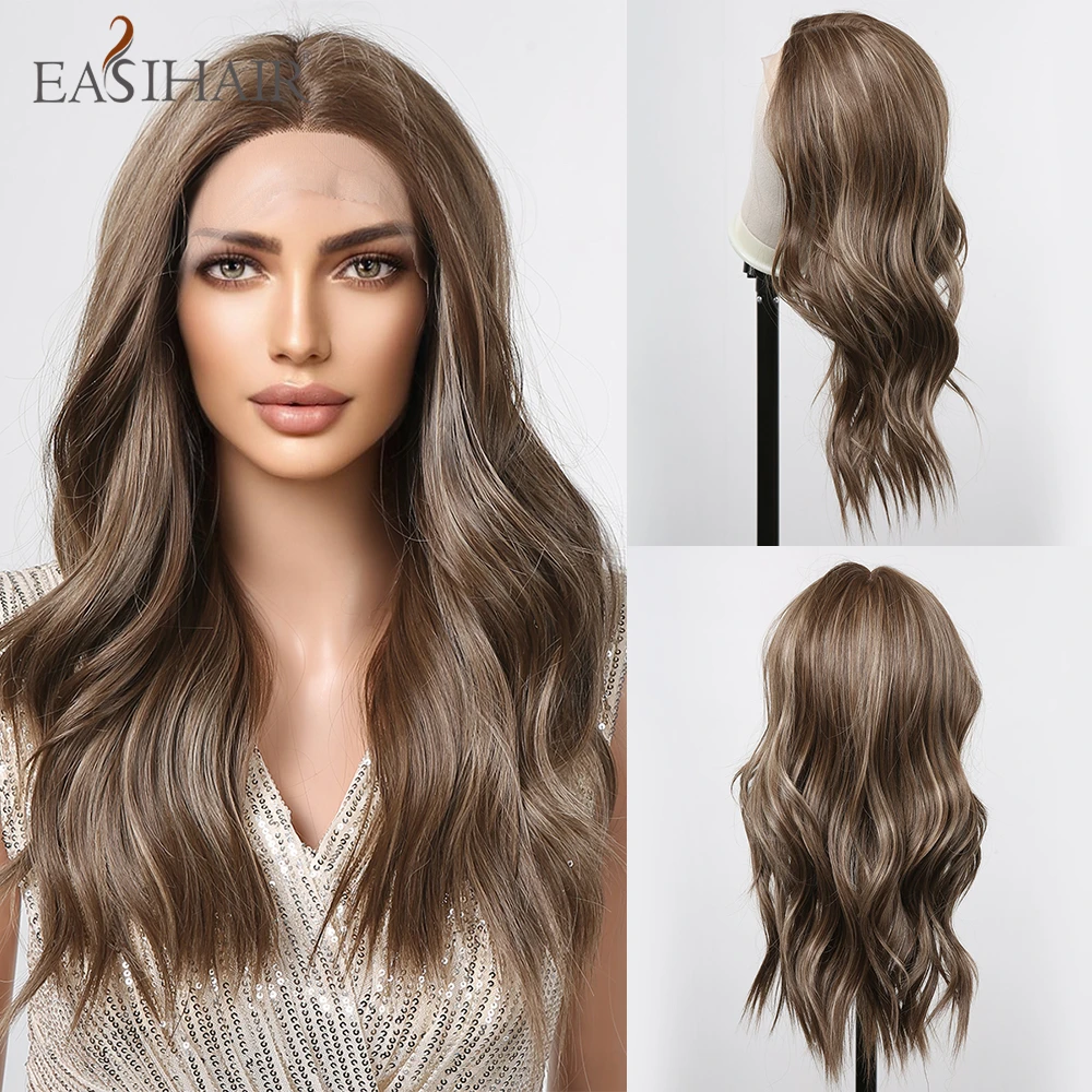 

Long Wavy Light Brown Synthetic Lace Wigs with Baby Hair Highlight Golden T Part Lace Wig for Women Daily Cosplay Heat Resistant
