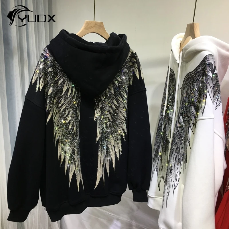 

YUDX Domineering Wings Hot Drilling Zip Cardigans Coat Thikcen Velvet Autumn Winter Hooded Jacket Mid-long Diamonds Sweatshirt