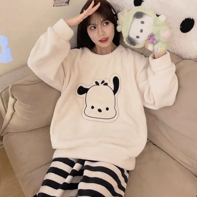 

Cute Sanrios Kuromis Kawaii Cartoon Pajamas Suit Cinnamorolls Anime Homewear Two Piece Set Winter Girl Thickening Nightwear