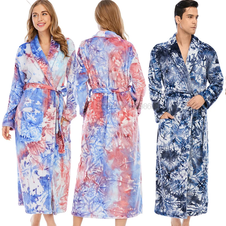 

Ночная рубашка с лацканами и принтом, зимний теплый фланелевый Халат оверсайз для пар, банные халаты, кимоно, длинная ночная рубашка, плотное нижнее белье