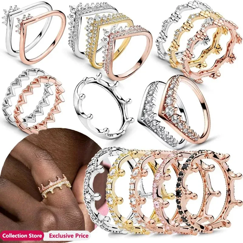 

Authentic S925 Silver Sparkling Luxury Wishbone Crystal Crown Women's Logo Ring Wedding High Quality DIY Fashion Charm Jewelry