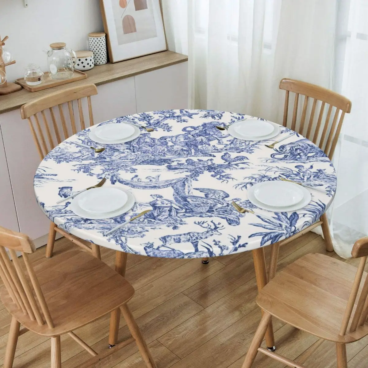 

Navy Blue Toile De Jouy Tablecloth Round Elastic Oilproof French Countryside Floral Table Cover Cloth for Banquet
