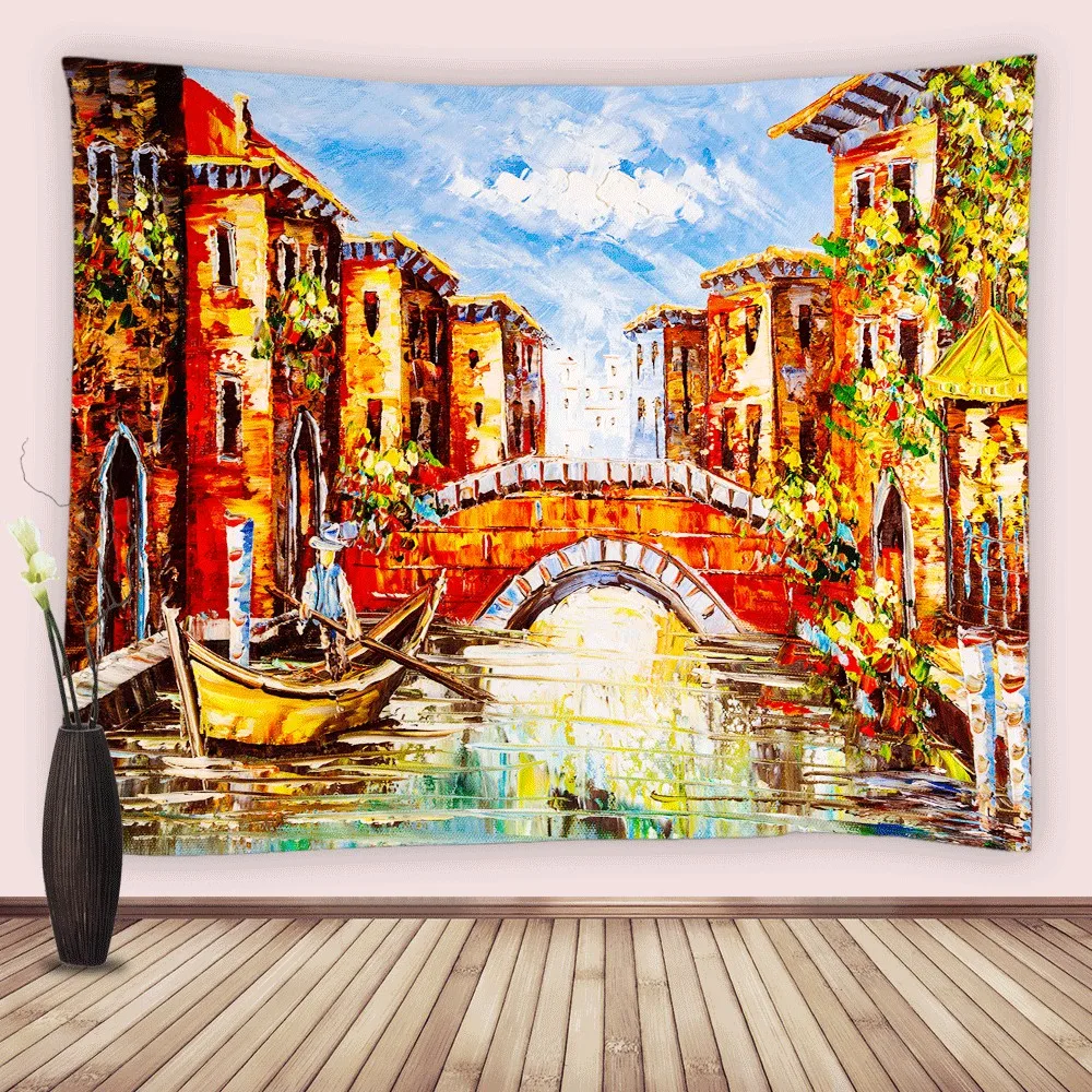 

Europe Town Tapestry Oil Painting Boat Bridge Street Scenery Wall Hanging Fabric Tapestries for Living Room Bedroom Dorm Decor