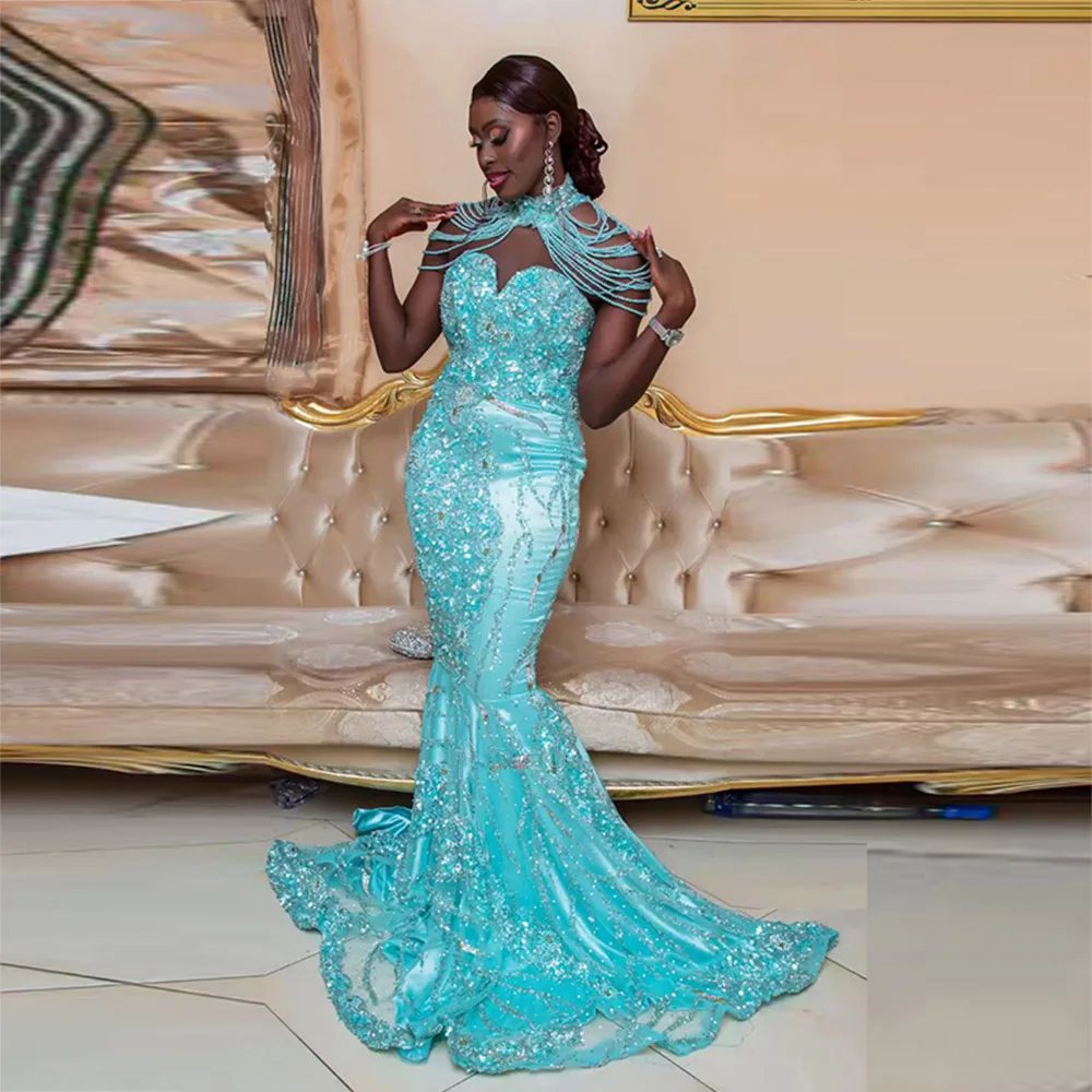 Gorgeous Mermaid Prom Dresses African Lace Appliques Shining Beaded Evening Gowns Black Girls Formal Party Dress Sweep Train
Gorgeous Mermaid Prom Dresses African Lace Appliques Shining Beaded Evening Gowns Black Girls Formal Party Dress Sweep Train