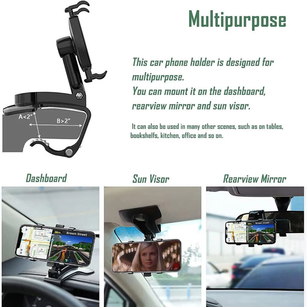 Car Mobile Phone Mount 360 Degree Rotating Rearview Mirror Navigation Bracket Dashboard Adjustable Spring Clip Cell Phone Holder Car Mobile Phone Mount 360 Degree Rotating Rearview Mirror Navigation Bracket Dashboard Adjustable Spring Clip Cell Phone Holder