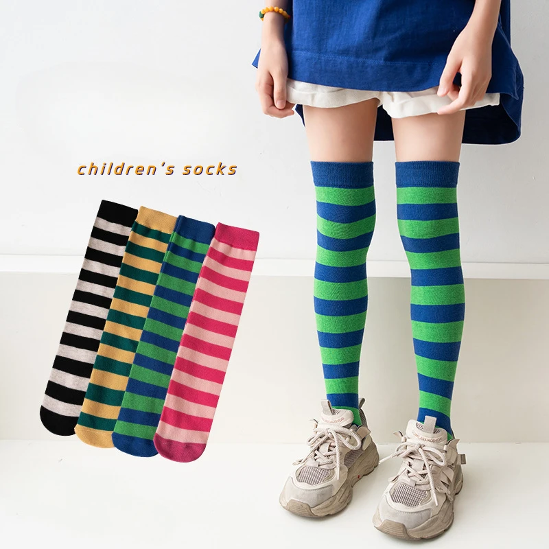 

4 Pairs Children Stocking Fashion Stripes Cotton Knitt Girls Knee-length Socks Autumn Winter School Teens Kids Leg Warmers Socks