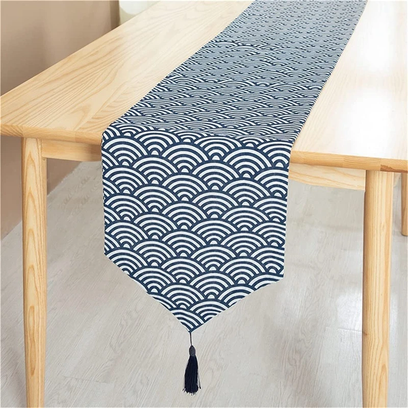 

Inyahome Japanese Style Table Runner with Tassels for Dining Table Linen Cotton Tablecloth Home Decor Geometric Grid Table Flag