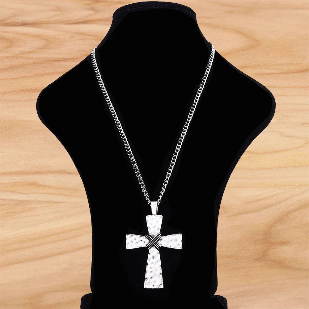 

Tibetan Silver Large Religious Cross Crucifix Pendant on Long Chain Necklace Lagenlook 34 Inches for Jewelry Women Men Gift