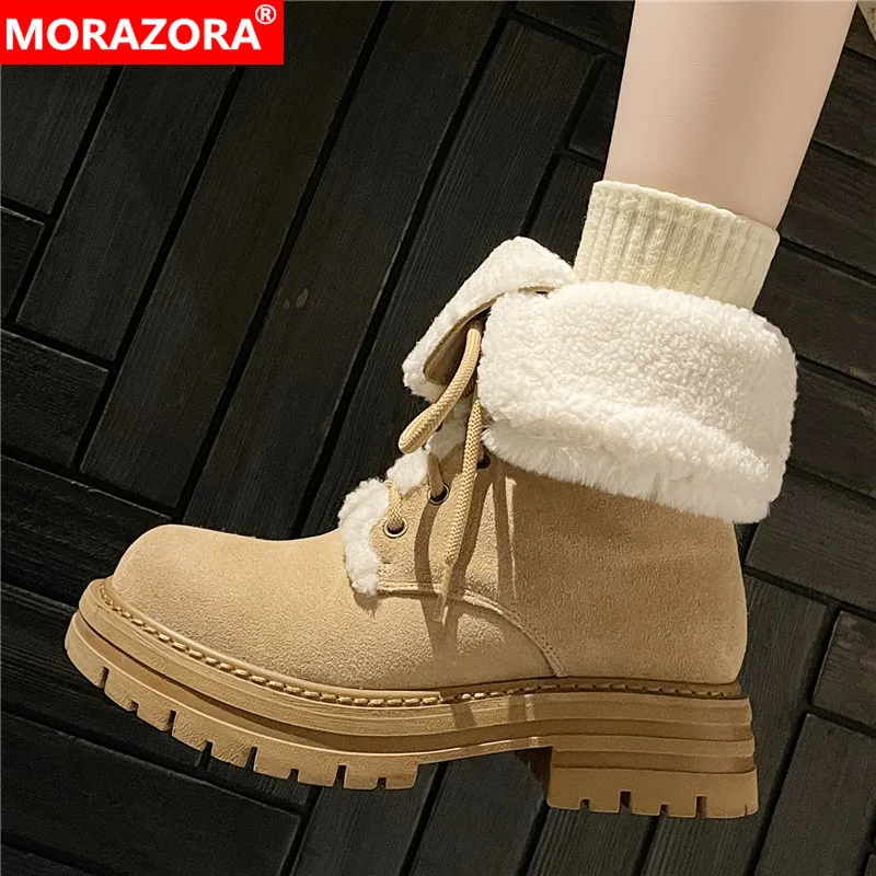 

MORAZORA Cow Suede Leather Boots Women Lace Up Platform Thick Fur Warm Winter Snow Boots Ladies Fashion Ankle Boots Shoes