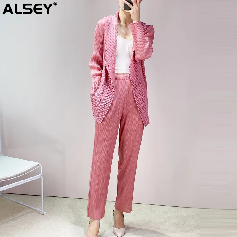 

ALSEY Miyake Autumn New Pleated High Street Plus Size Top Solid Simple Casual Women Pants Fashion Two-piece Suits