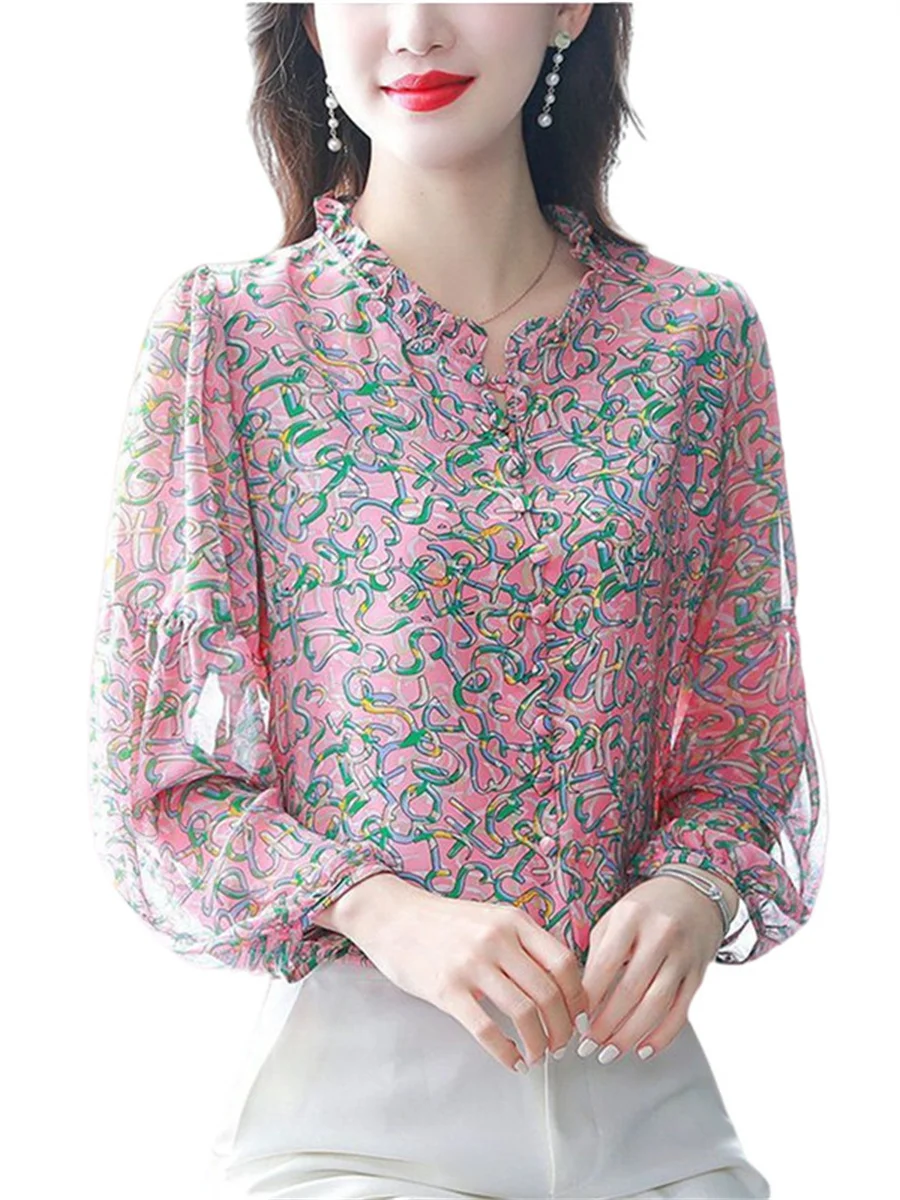 

4XL Women Summer Spring Blouses Shirts Lady Fashion Casual Long Sleeve V-Neck Collar Flower Printing Blusas Tops CT0789