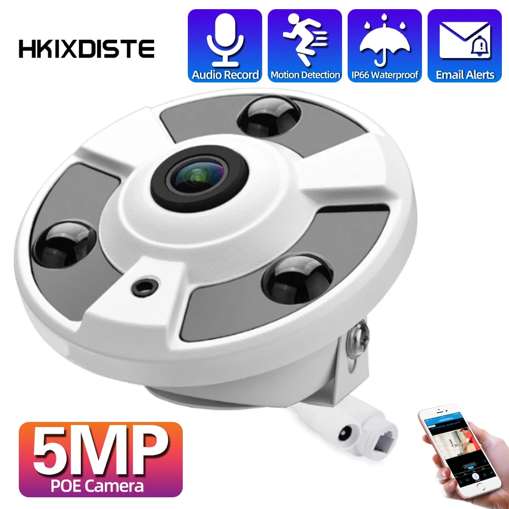 

5MP CCTV POE IP Panoramic Camera 1.7mm Fisheye Len Outdoor Audio 360 Degree View Security Surveillance Dome Camera XMEYE H.265