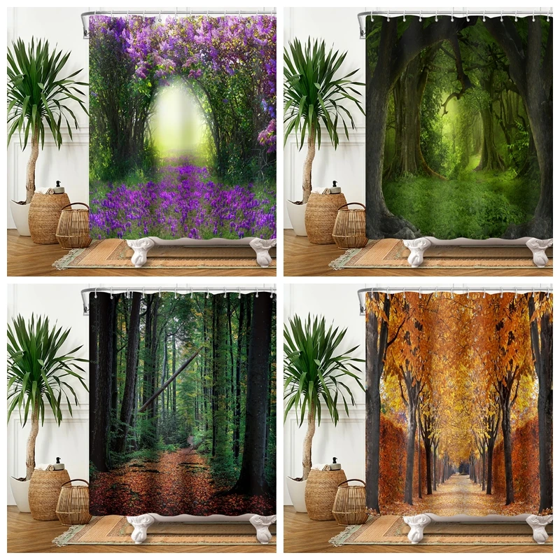 

Trees Forest Sunlight Shower Curtain Straight Tall Trees Sunshine Attractive Nature Landscape Waterproof Fabric Bathroom Decor