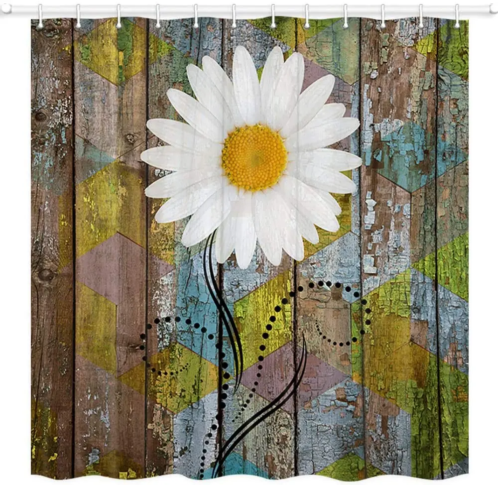 

Farmhouse Flower Shower Curtain Set Daisy Rustic Paint Wooden Plank Bathroom Decor Polyester Fabric Bathtub Curtains with Hooks