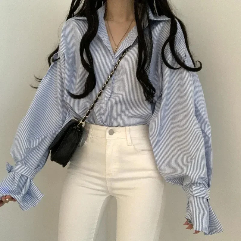 

GIDYQ Stripe Lantern Sleeve Shirts Women Korean Casual Streetwear Blue All Match Blouses Elegant Loose Office Lady Tops Spring