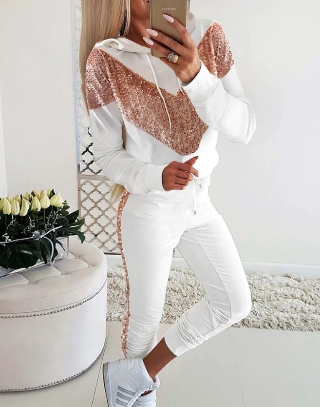 

2023 Summer Fashion Long Sleeve Colorblock Contrast Sequin Drawstring Hooded Top and Casual Sports Commuting Pants Set for Women