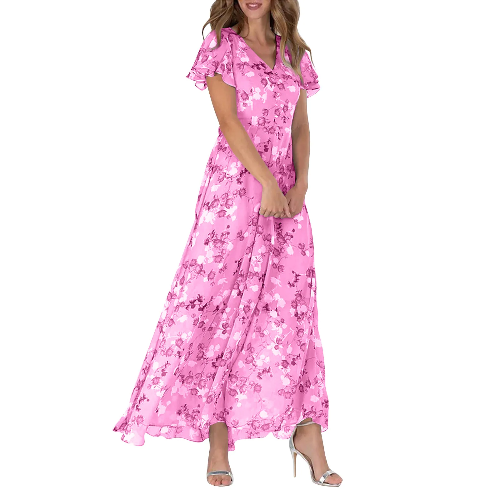 

Women's Swing Long Dress Chiffon Floral Short Sleeve Ruffle V Neck Fashion Waist Flowy Dress vestidos para mujer elegantes y bon