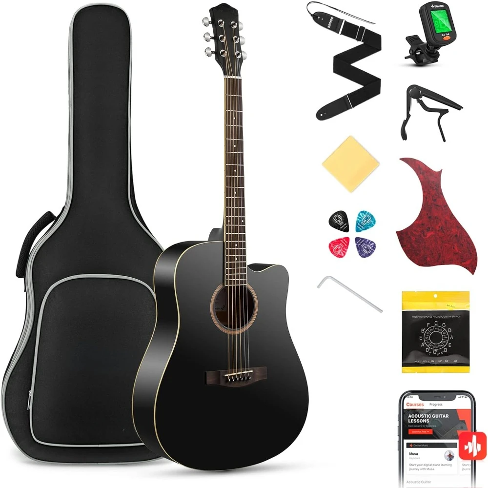 Black Acoustic Guitar Kit Full Size Cutaway Starter Bundle Set with Gig Bag Strap Tuner Capo Pickguard String 4 Picks
Black Acoustic Guitar Kit Full Size Cutaway Starter Bundle Set with Gig Bag Strap Tuner Capo Pickguard String 4 Picks
