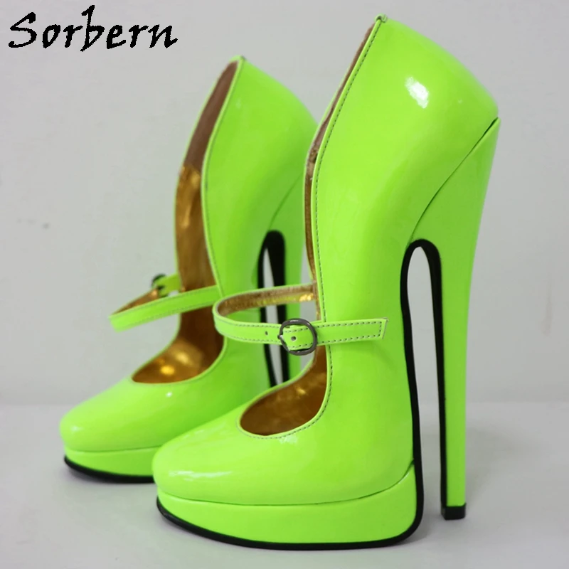 

Sorbern Neon Green Women Pumps Round Toe Mary Janes 18Cm High Heel Stilettos Slant Platform Sissy Boy Fetish Heeled