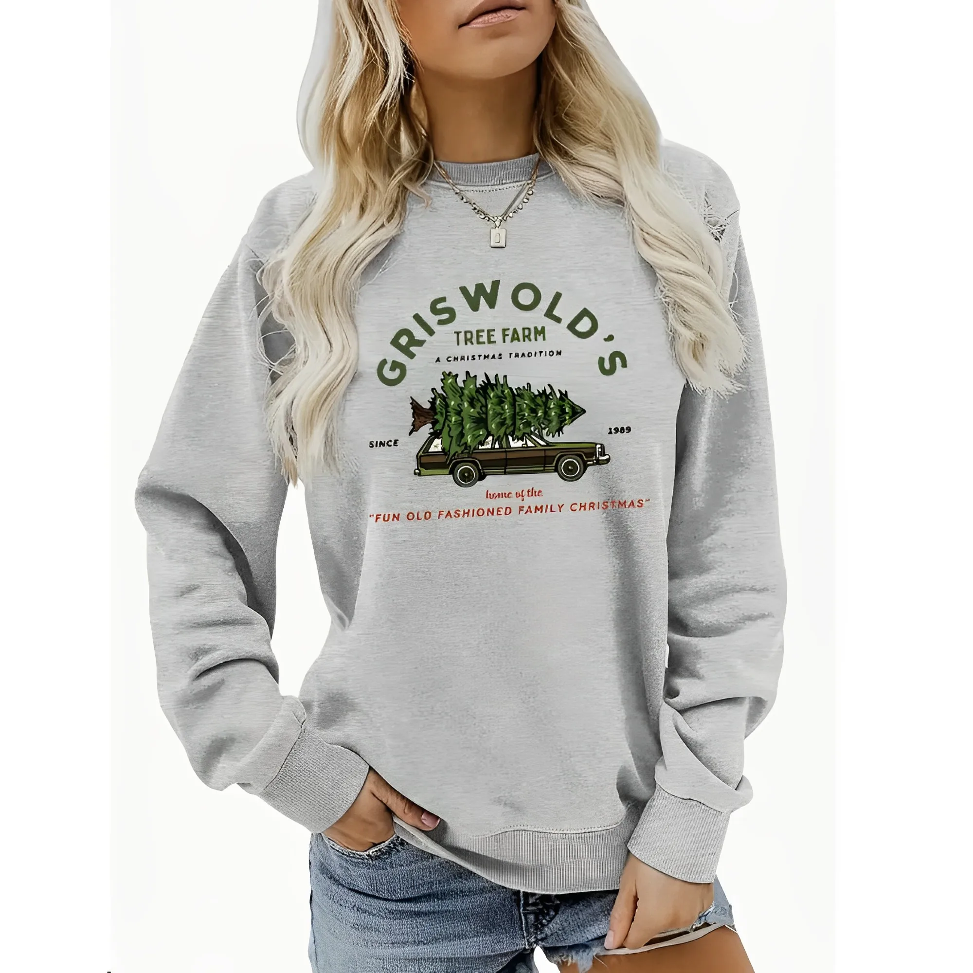 

Christmas Tree & Car Print Sweatshirts Casual Crew Neck Drop Shoulder Sweatshirt Slogan Pullover Women's Long Sleeve Pullovers