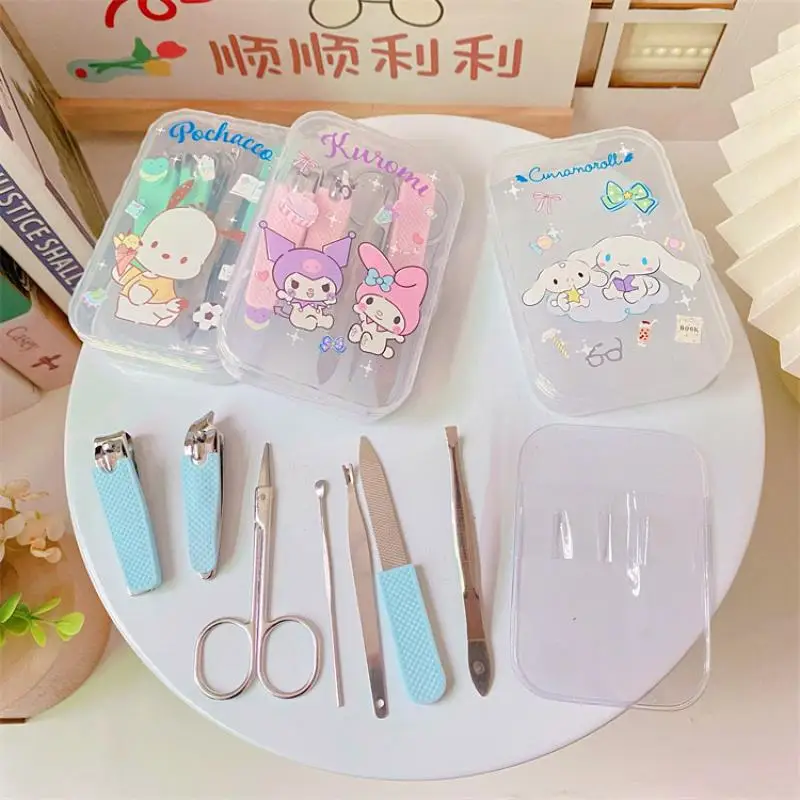 

7Pcs Sanrio Nail Clipper Kawaii Mymelody Kuromi Cinnamoroll Cartoon Stainless Steel Nail Clipper Set Silicone Anti-Skid Tool