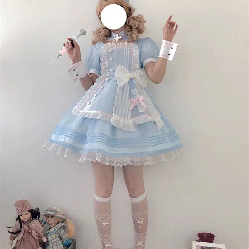 

Kawaii Lolita Dress Sweetheart Rescue Team Princess Maid Cosplay OP Short Sleeve Daily Japanese Style Tea Party Dresses