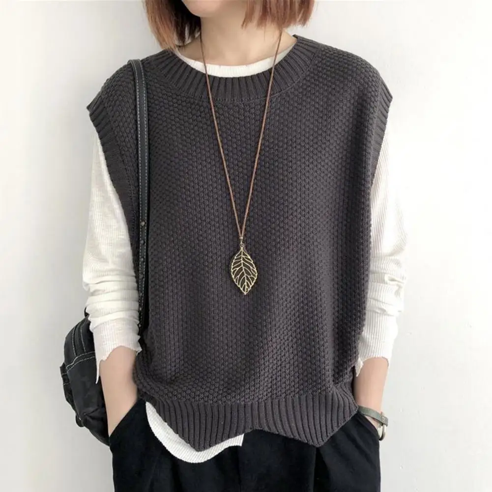 

Women Knitted Vest Cozy O Neck Knitted Vest for Women Autumn Winter Top with Wavy Hem Soft Knitwear Loose Waistcoat for Ladies