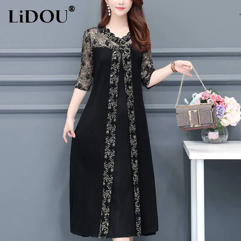 

Summer Elegant Fashion Lace Patchwork Black Mesh Dress Ladies Short Sleeve Oversized Perspective Sexy Robe Women Midi Vestidos