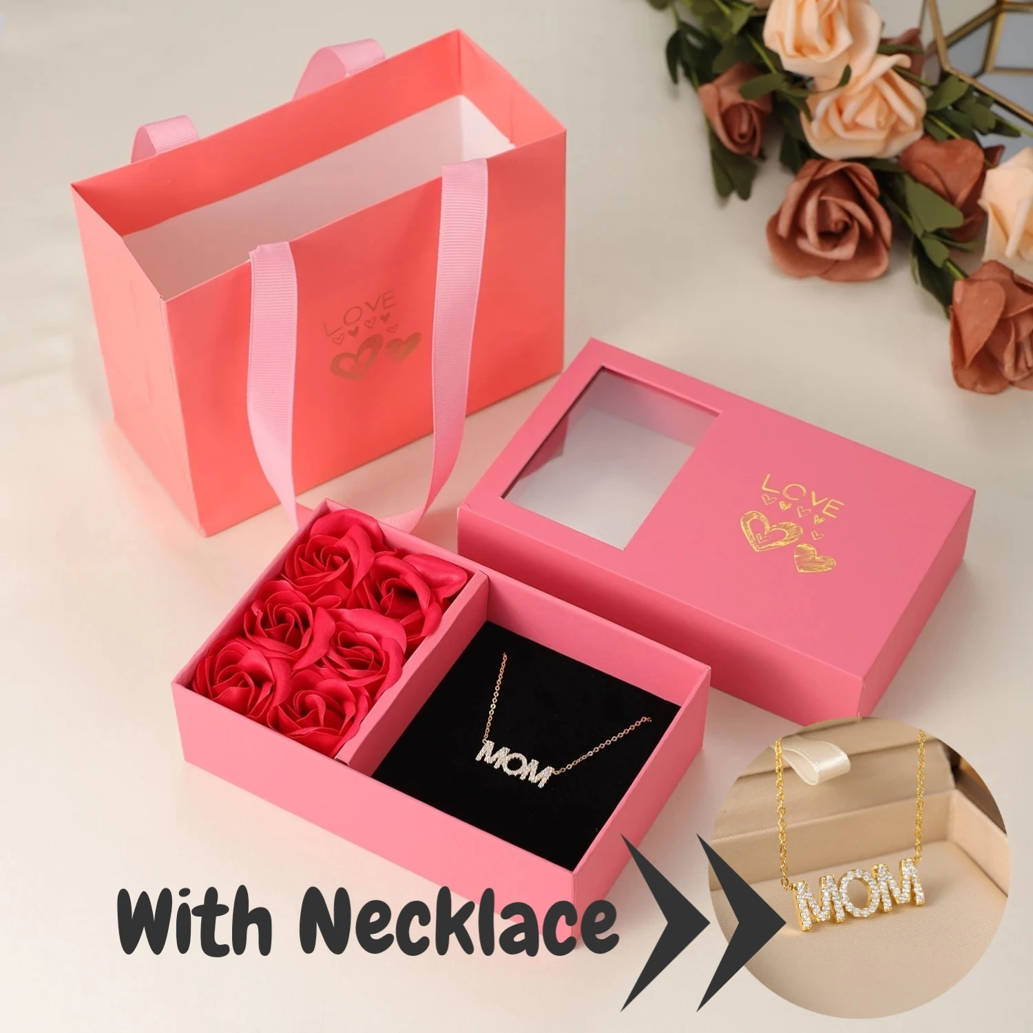 

Gold Mom Rhinestone Necklace Mum Mama Family Mother Necklace With Rose Box Love Necklace Mom Anniversary Mom Mothers Day Gifts