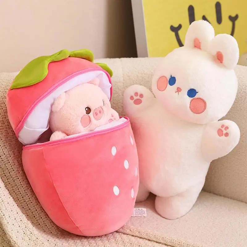 

Strawberry Plush Pillow Reversible Animal Stuffed Plushie 30Cm/11.81Inch Bunny Pig Cartoon Doll Turn Into Fruit Toy Sofa Bedside